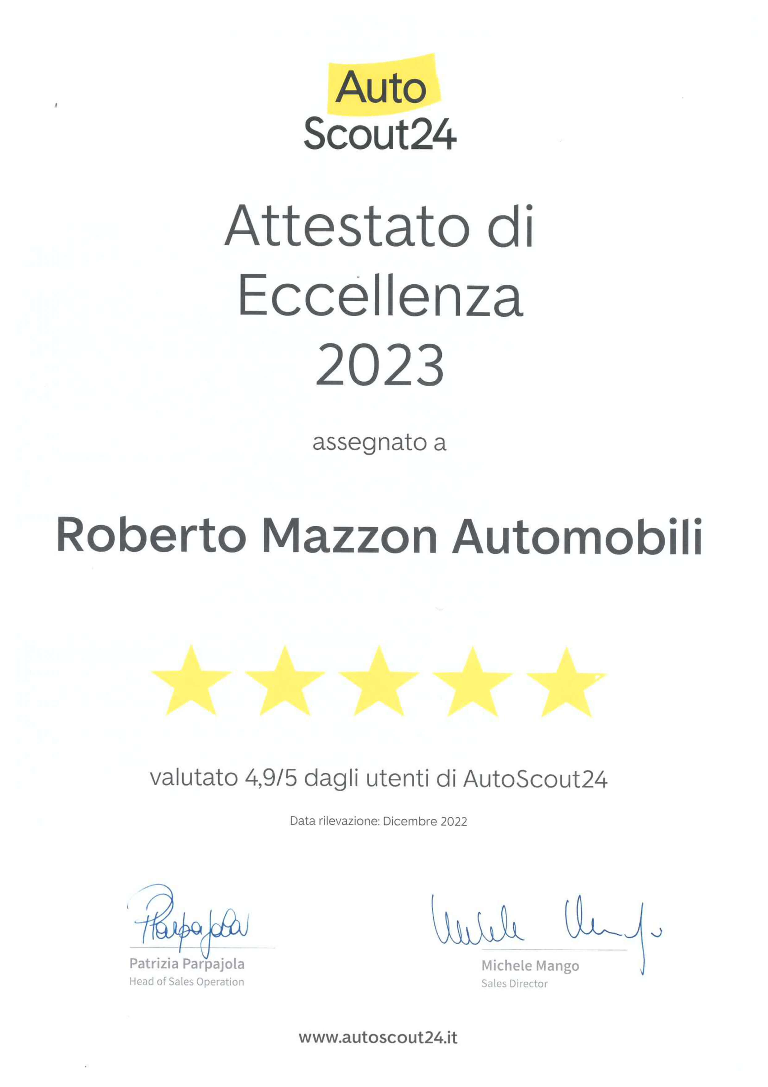 Attestato eccellenza AutoScout24 2023