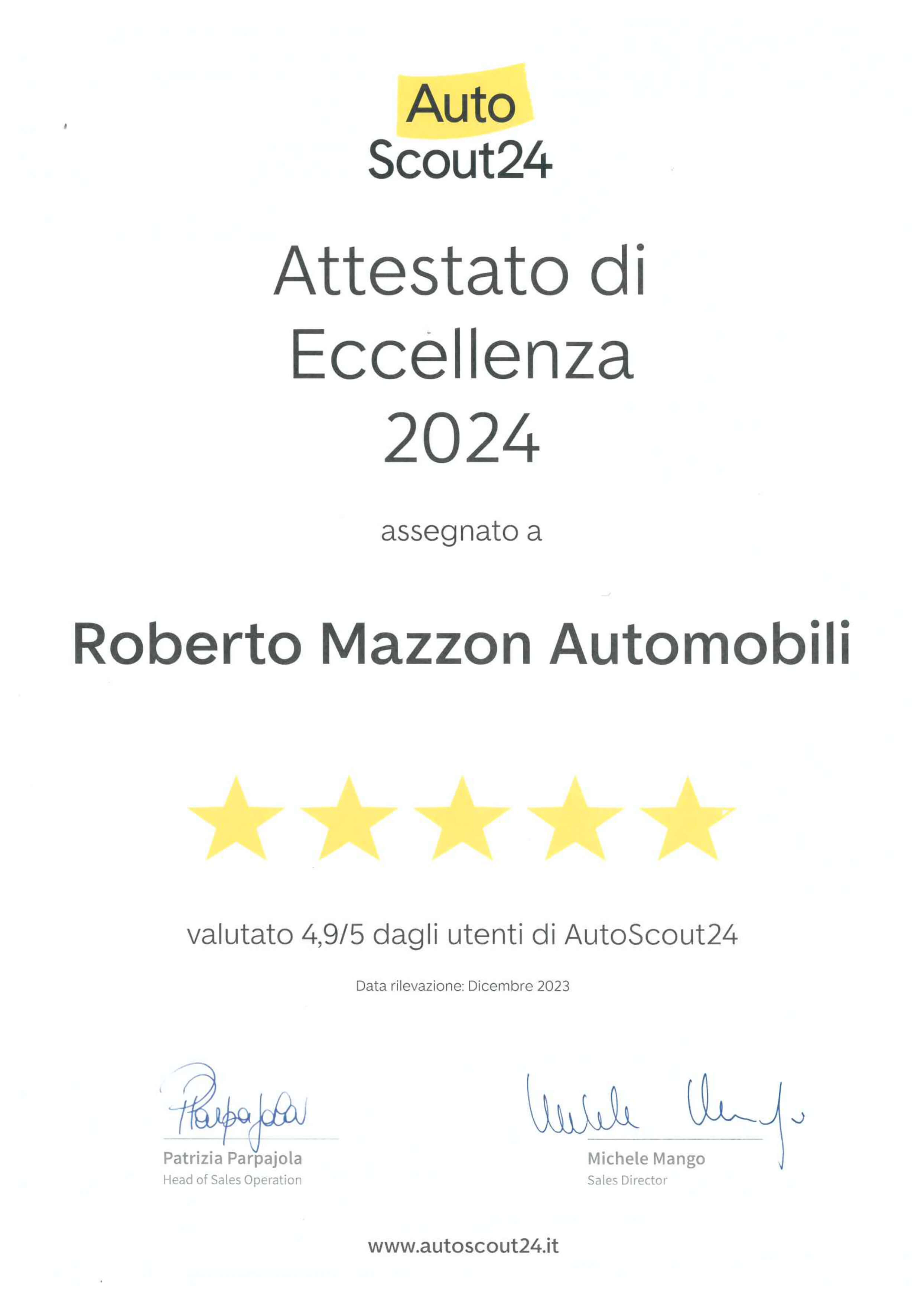 Attestato eccellenza AutoScout24 2024